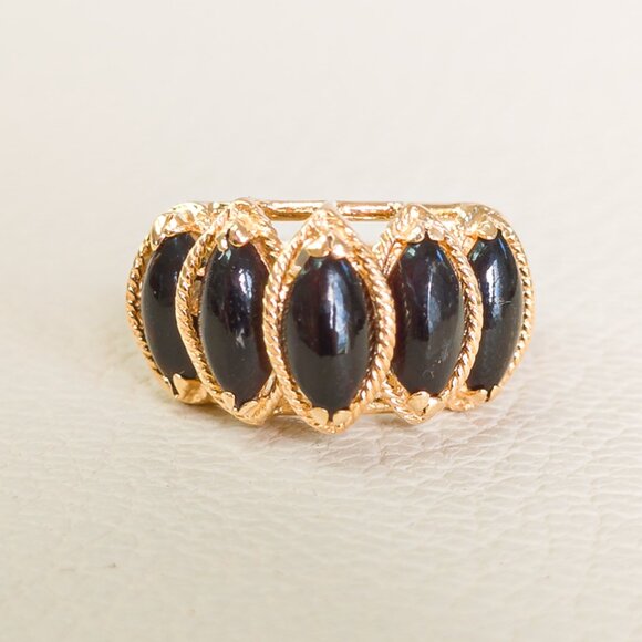 14K Gold 5-Stone Black Coral Ring – Marquise Cabochons, Size 5¼ - Picture 2 of 16